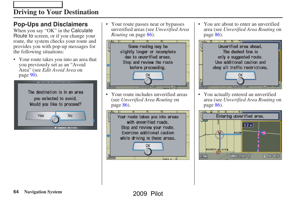 Driving to your destination, 2009 pilot | HONDA 2009 Pilot Navigation User Manual | Page 64 / 156