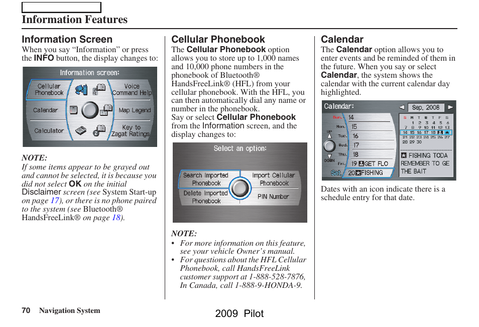 Information features | HONDA 2009 Pilot Navigation User Manual | Page 70 / 156