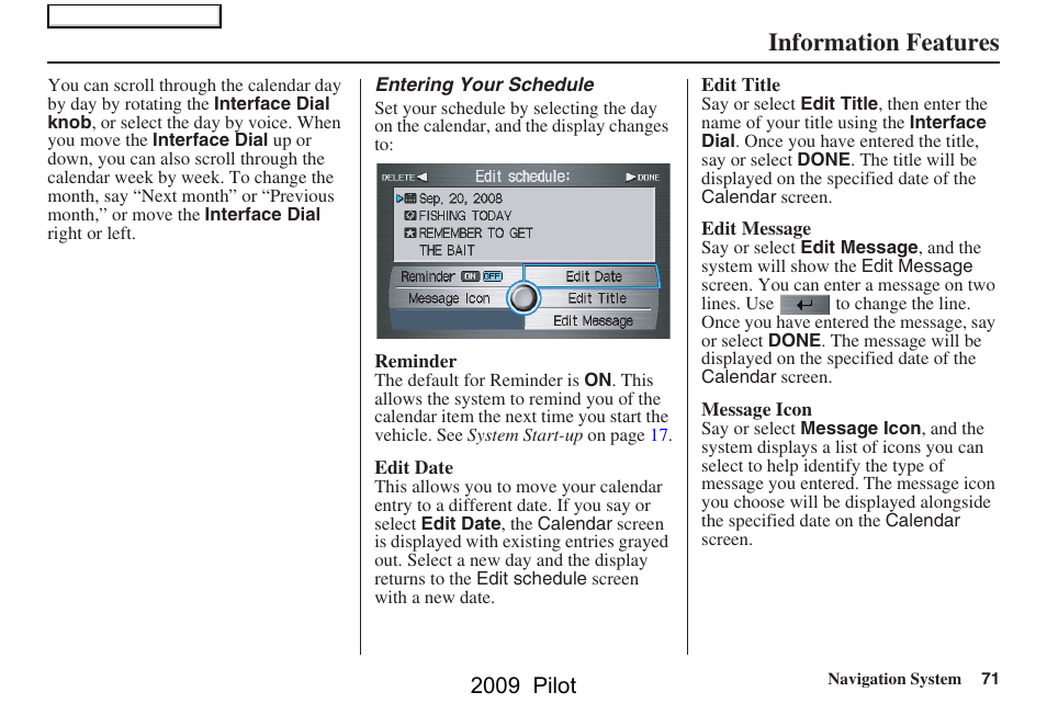 Information features, 2009 pilot | HONDA 2009 Pilot Navigation User Manual | Page 71 / 156