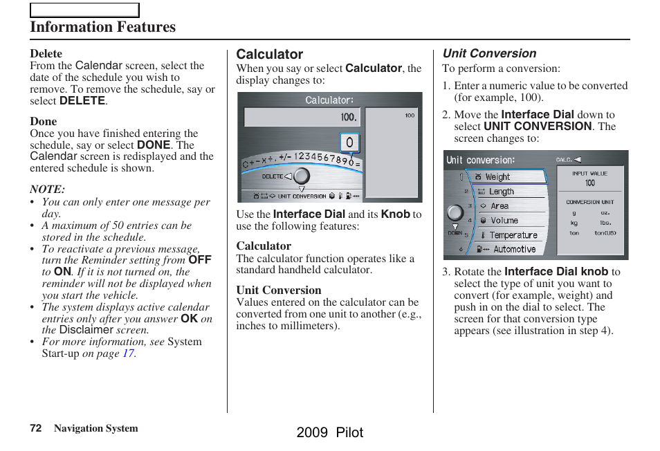 Information features, 2009 pilot | HONDA 2009 Pilot Navigation User Manual | Page 72 / 156