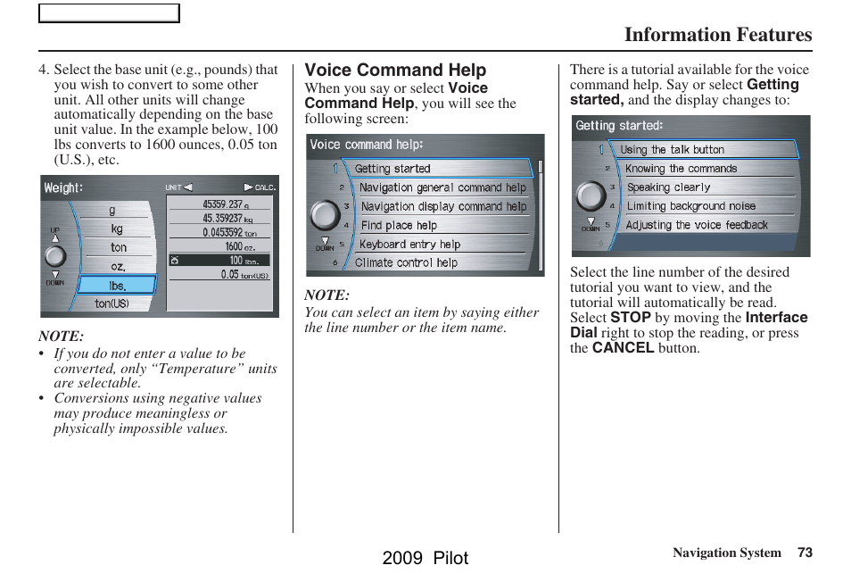Information features, 2009 pilot | HONDA 2009 Pilot Navigation User Manual | Page 73 / 156