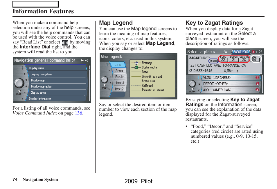Information features | HONDA 2009 Pilot Navigation User Manual | Page 74 / 156