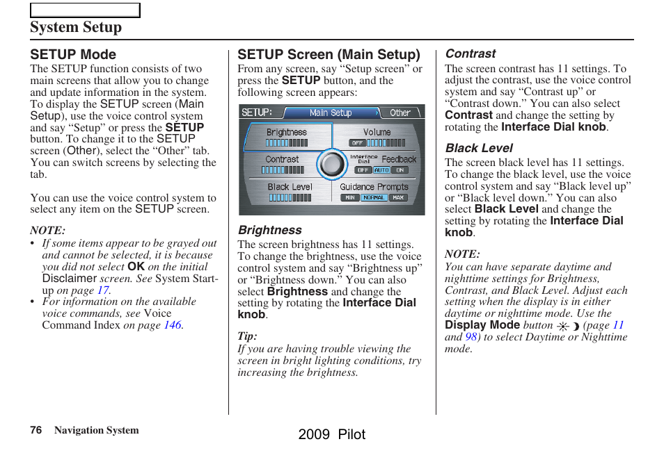 System setup, 2009 pilot | HONDA 2009 Pilot Navigation User Manual | Page 76 / 156