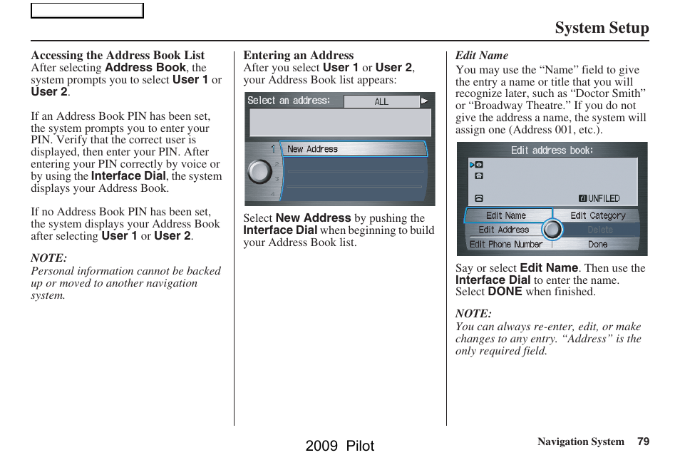 System setup, 2009 pilot | HONDA 2009 Pilot Navigation User Manual | Page 79 / 156