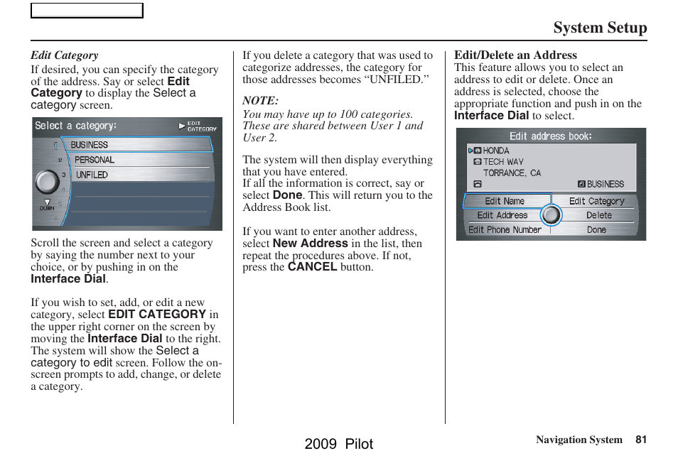 System setup, 2009 pilot | HONDA 2009 Pilot Navigation User Manual | Page 81 / 156
