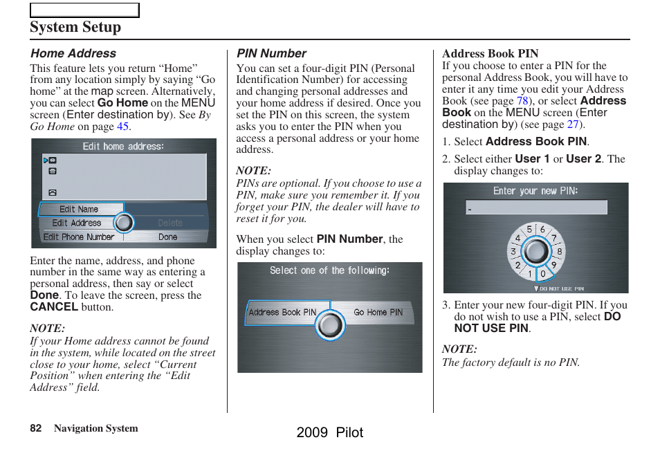 System setup, 2009 pilot | HONDA 2009 Pilot Navigation User Manual | Page 82 / 156