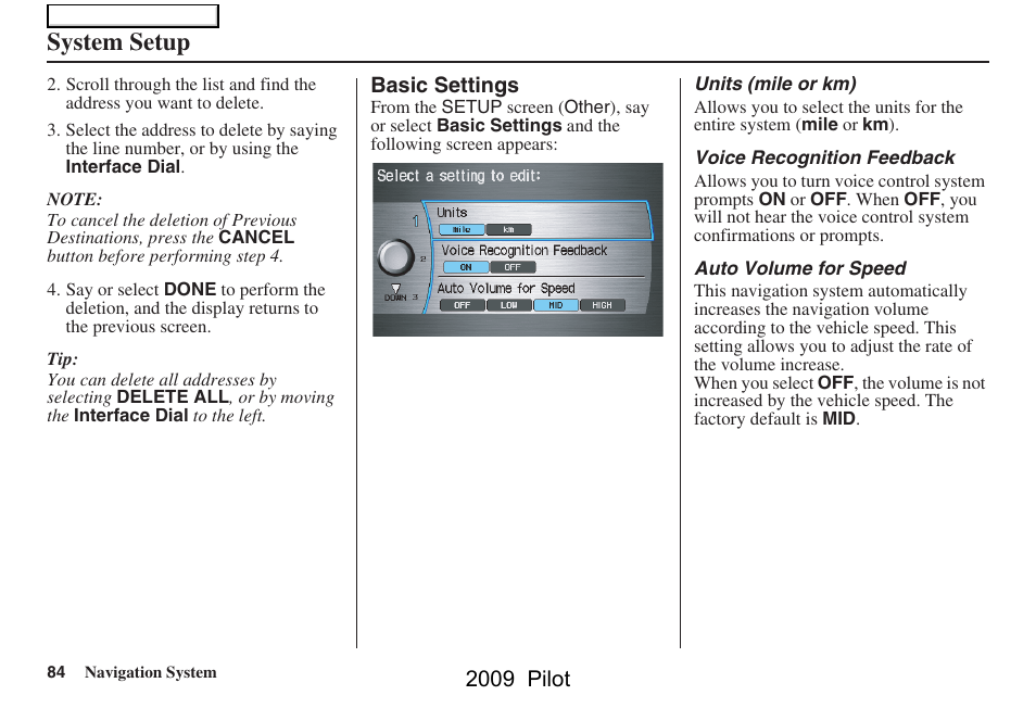 System setup, 2009 pilot | HONDA 2009 Pilot Navigation User Manual | Page 84 / 156