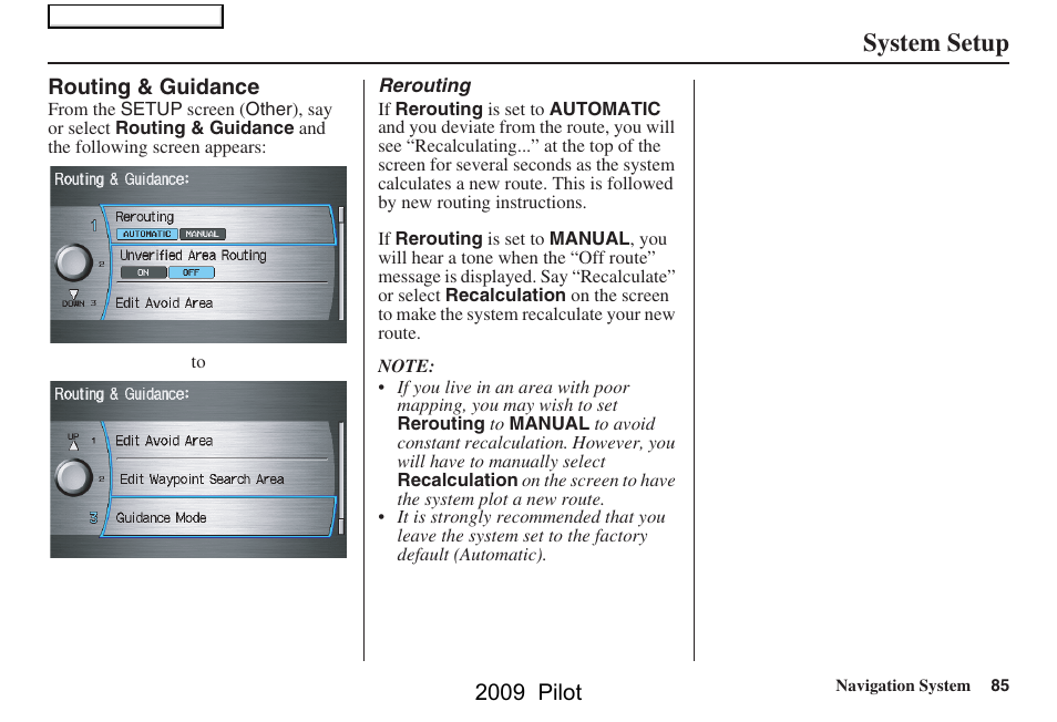 System setup | HONDA 2009 Pilot Navigation User Manual | Page 85 / 156