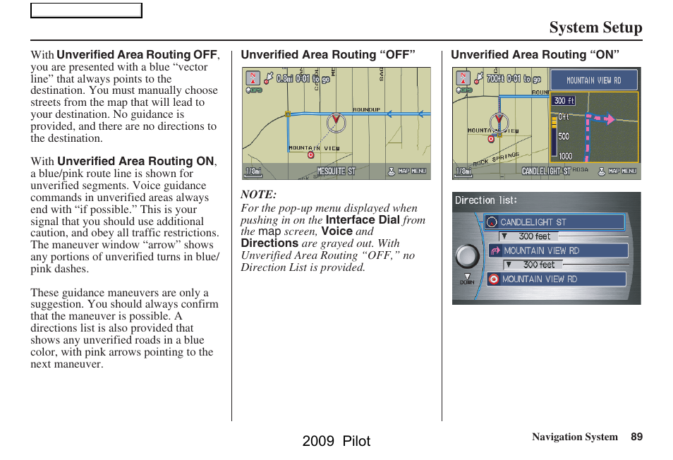 System setup, 2009 pilot | HONDA 2009 Pilot Navigation User Manual | Page 89 / 156