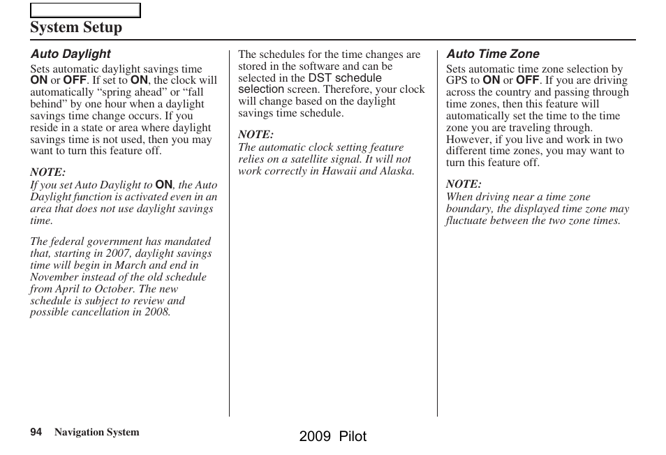System setup, 2009 pilot | HONDA 2009 Pilot Navigation User Manual | Page 94 / 156