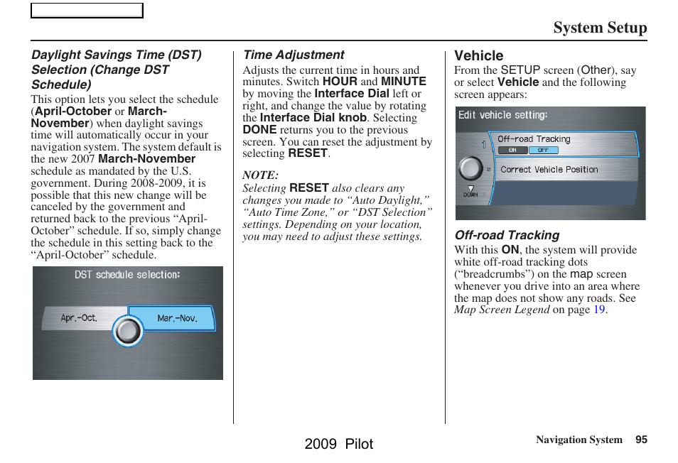 System setup | HONDA 2009 Pilot Navigation User Manual | Page 95 / 156