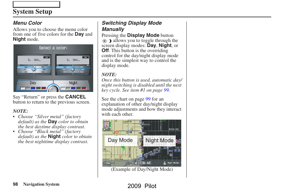 System setup, 2009 pilot | HONDA 2009 Pilot Navigation User Manual | Page 98 / 156
