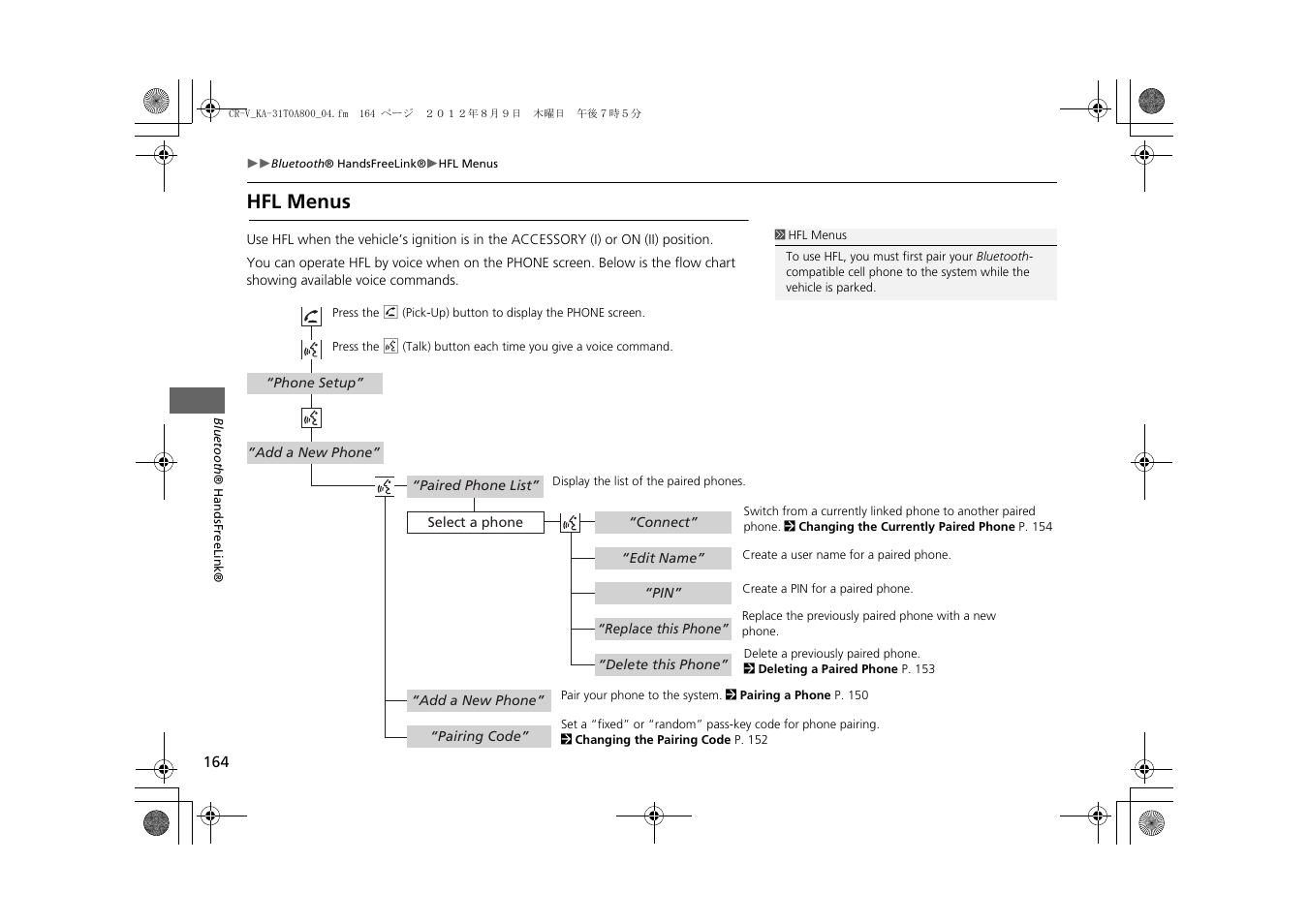 Hfl menus 164, Hfl menus, Commands. 2 hfl menus p. 164 | HONDA 2013 CR-V Navigation User Manual | Page 166 / 213