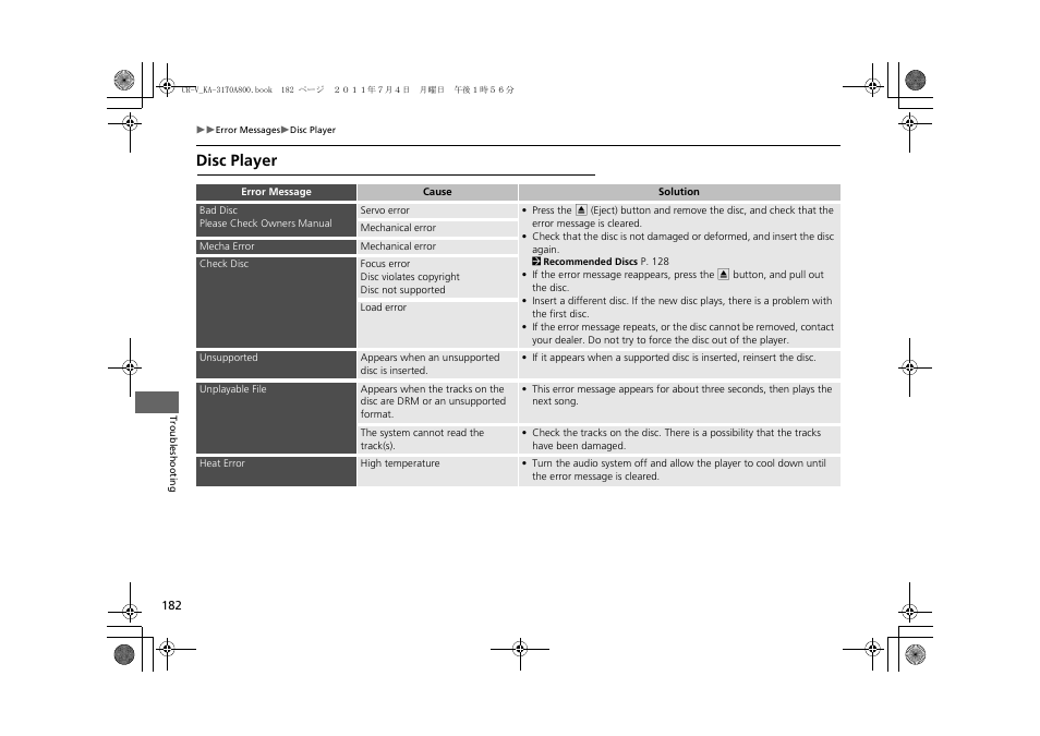 Disc player | HONDA 2013 CR-V Navigation User Manual | Page 184 / 213