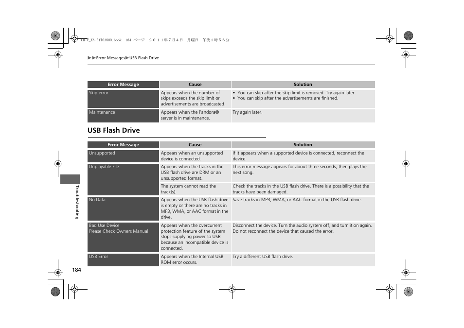 Usb flash drive | HONDA 2013 CR-V Navigation User Manual | Page 186 / 213