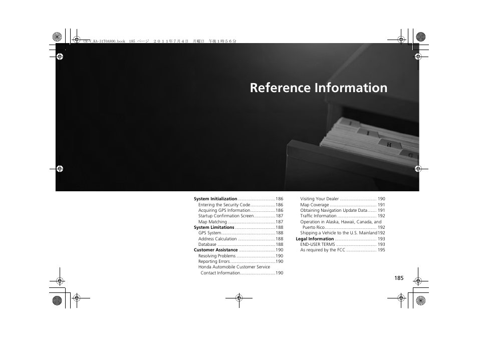 2 reference information p. 185, Reference information, P.185 | HONDA 2013 CR-V Navigation User Manual | Page 187 / 213