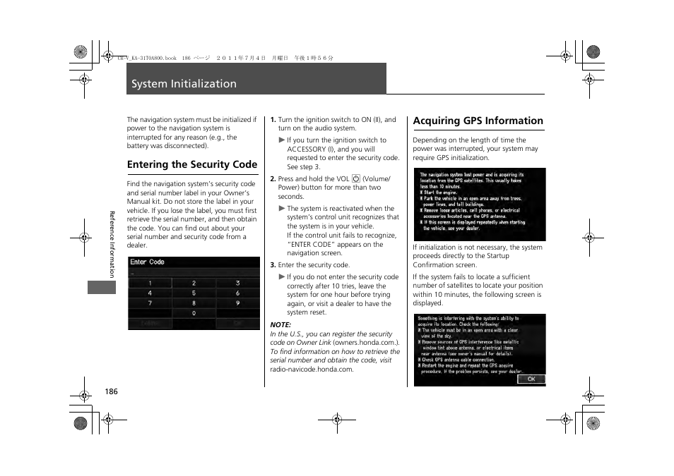 System initialization 186, 2 system initialization p. 186, 2 entering the security code p. 186 | System initialization, Entering the security code, Acquiring gps information | HONDA 2013 CR-V Navigation User Manual | Page 188 / 213