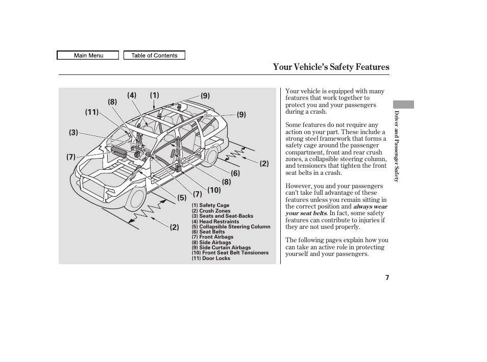 Your vehicle’s safety features | HONDA 2010 Odyssey User Manual | Page 10 / 526