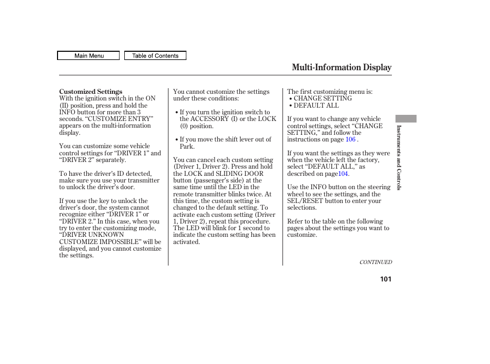 Multi-information display | HONDA 2010 Odyssey User Manual | Page 104 / 526