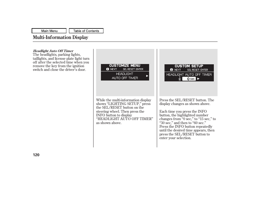 Multi-information display | HONDA 2010 Odyssey User Manual | Page 123 / 526