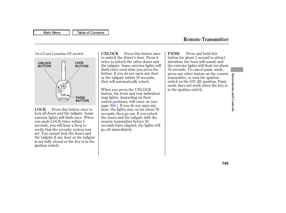 Remote transmitter, 2010 odyssey | HONDA 2010 Odyssey User Manual | Page 148 / 526