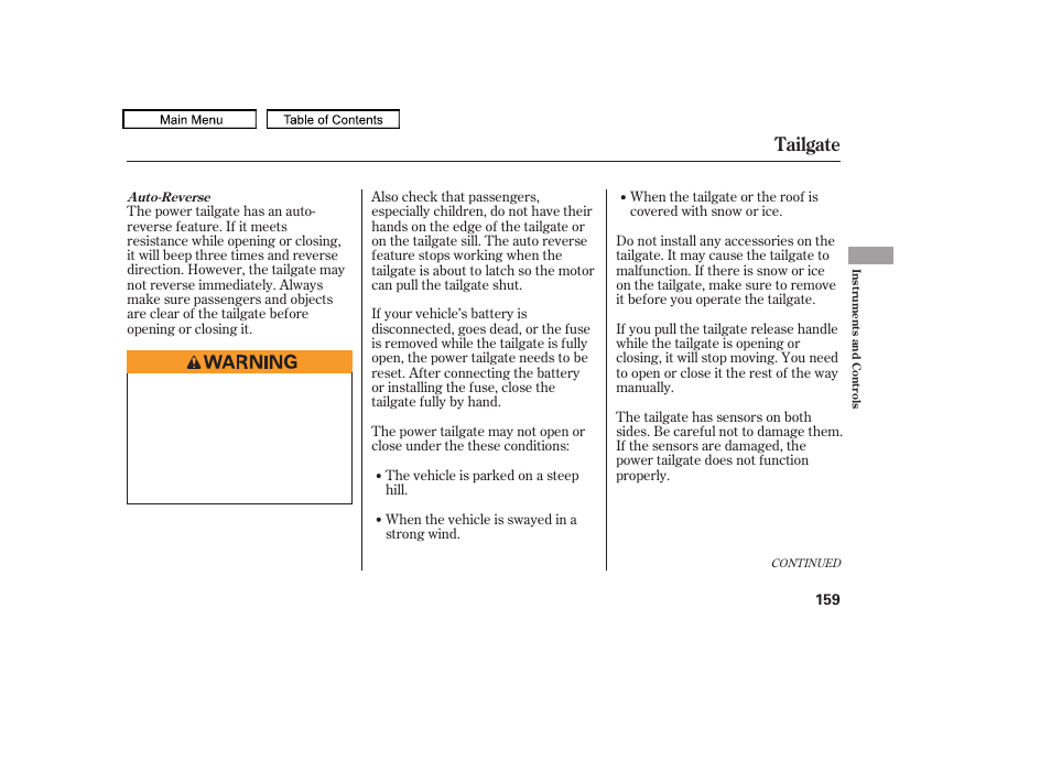 Tailgate, 2010 odyssey | HONDA 2010 Odyssey User Manual | Page 162 / 526
