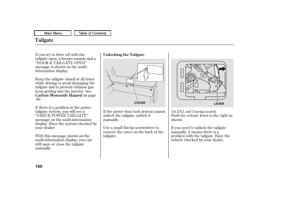 Tailgate | HONDA 2010 Odyssey User Manual | Page 163 / 526