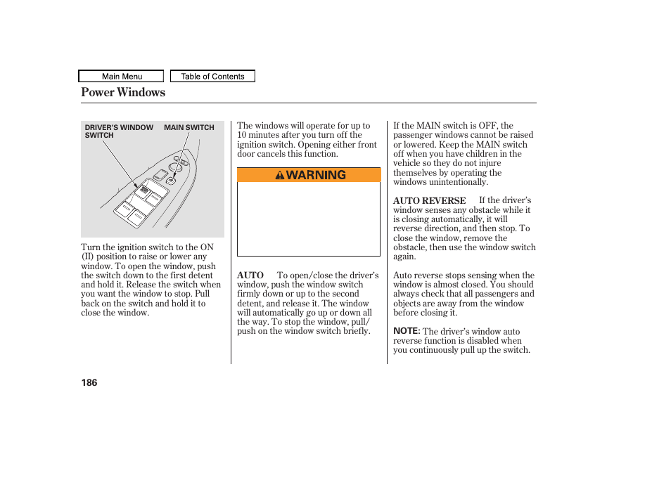 Power windows | HONDA 2010 Odyssey User Manual | Page 189 / 526