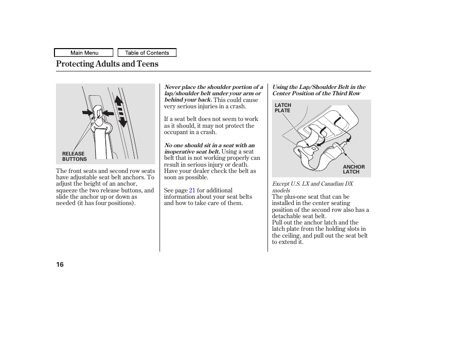 Protecting adults and teens | HONDA 2010 Odyssey User Manual | Page 19 / 526