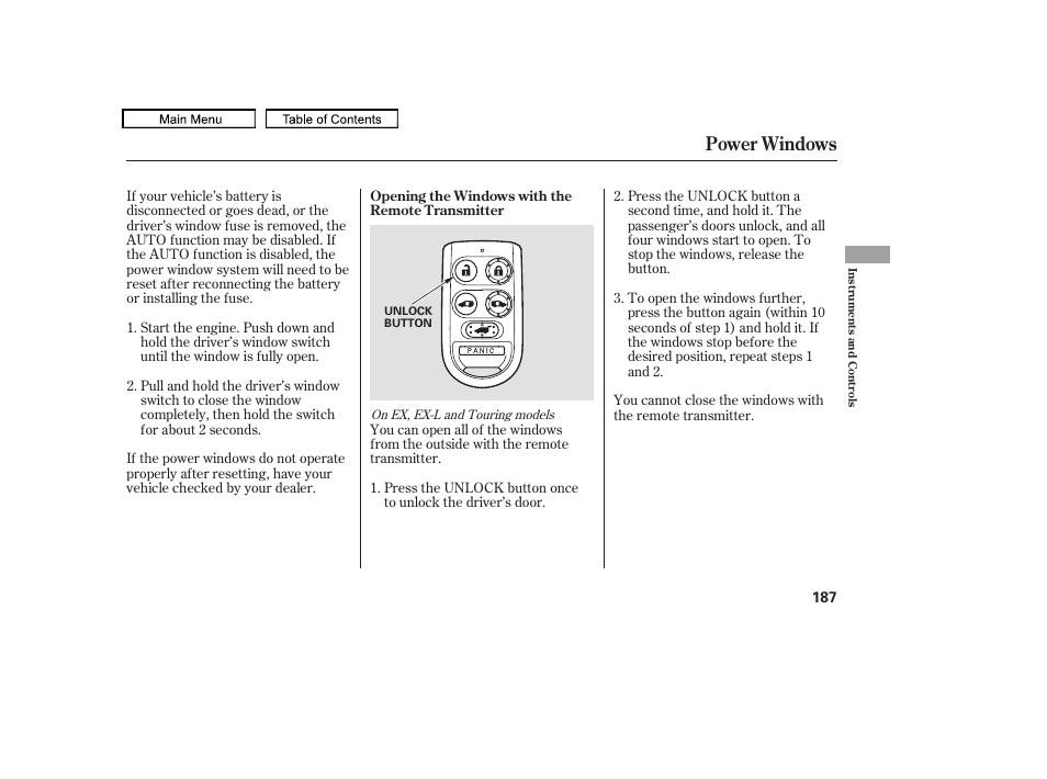 Power windows, 2010 odyssey | HONDA 2010 Odyssey User Manual | Page 190 / 526