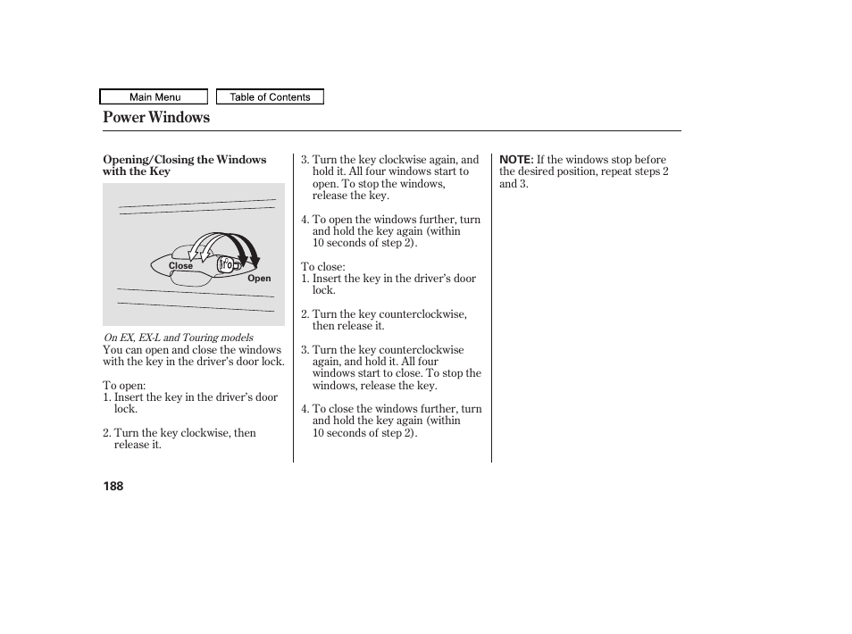 Power windows | HONDA 2010 Odyssey User Manual | Page 191 / 526