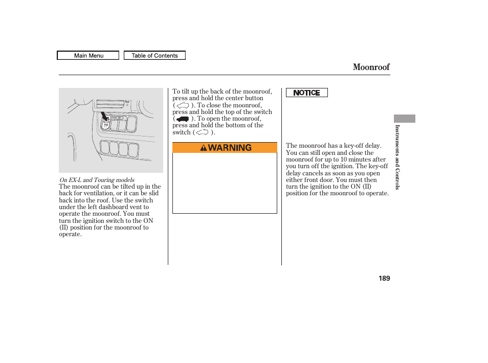 Moonroof, 2010 odyssey | HONDA 2010 Odyssey User Manual | Page 192 / 526