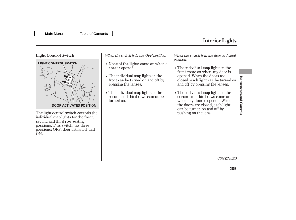 Interior lights, 2010 odyssey | HONDA 2010 Odyssey User Manual | Page 208 / 526