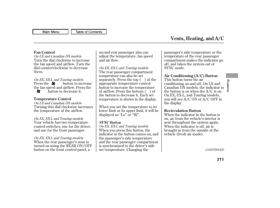 Vents, heating, and a/c | HONDA 2010 Odyssey User Manual | Page 214 / 526