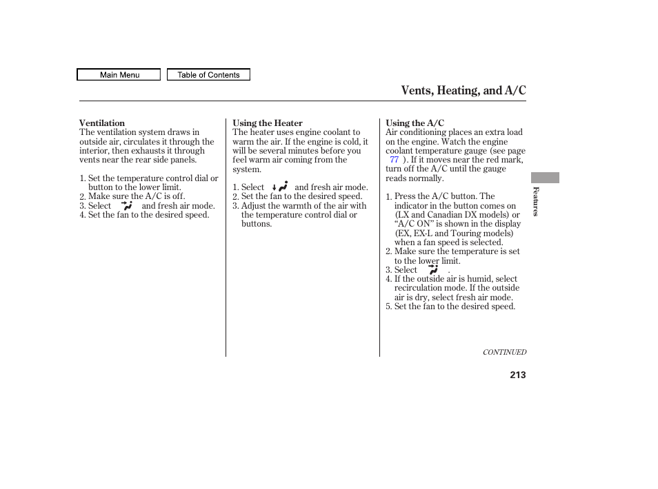 Vents, heating, and a/c | HONDA 2010 Odyssey User Manual | Page 216 / 526