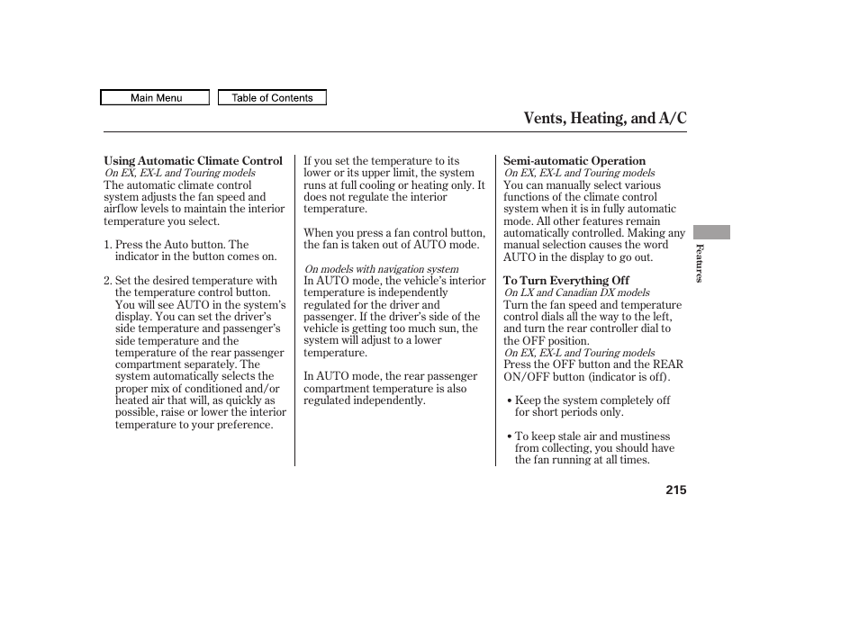 Vents, heating, and a/c | HONDA 2010 Odyssey User Manual | Page 218 / 526