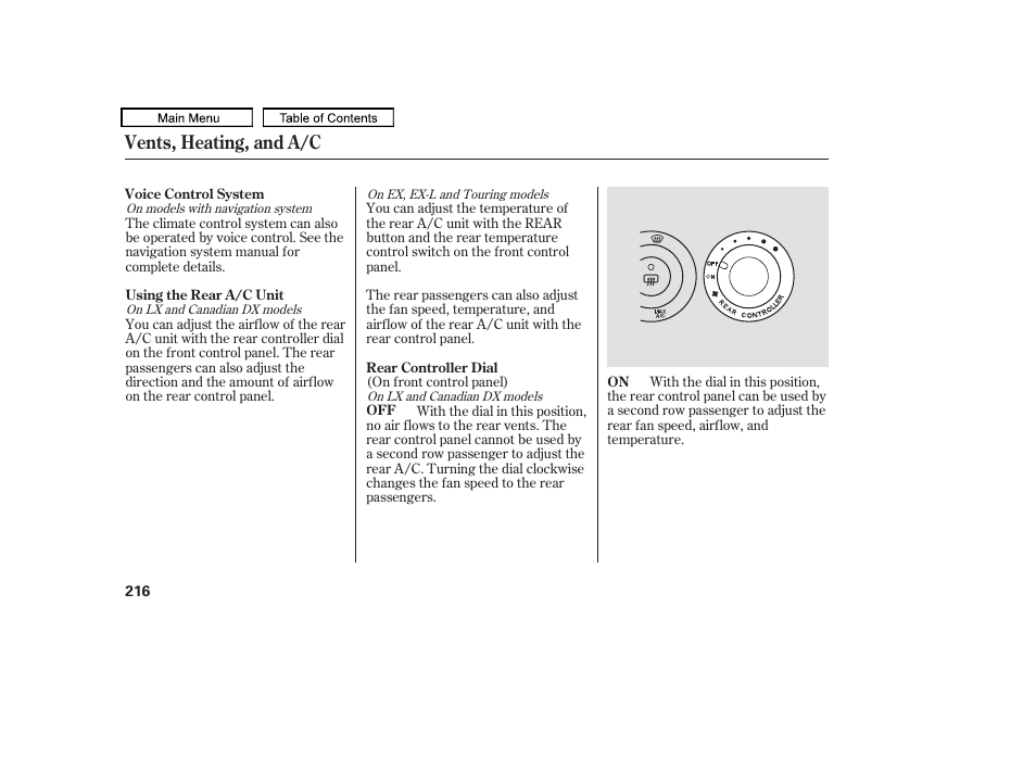 Vents, heating, and a/c | HONDA 2010 Odyssey User Manual | Page 219 / 526