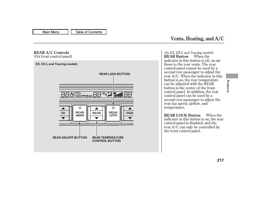 Vents, heating, and a/c | HONDA 2010 Odyssey User Manual | Page 220 / 526