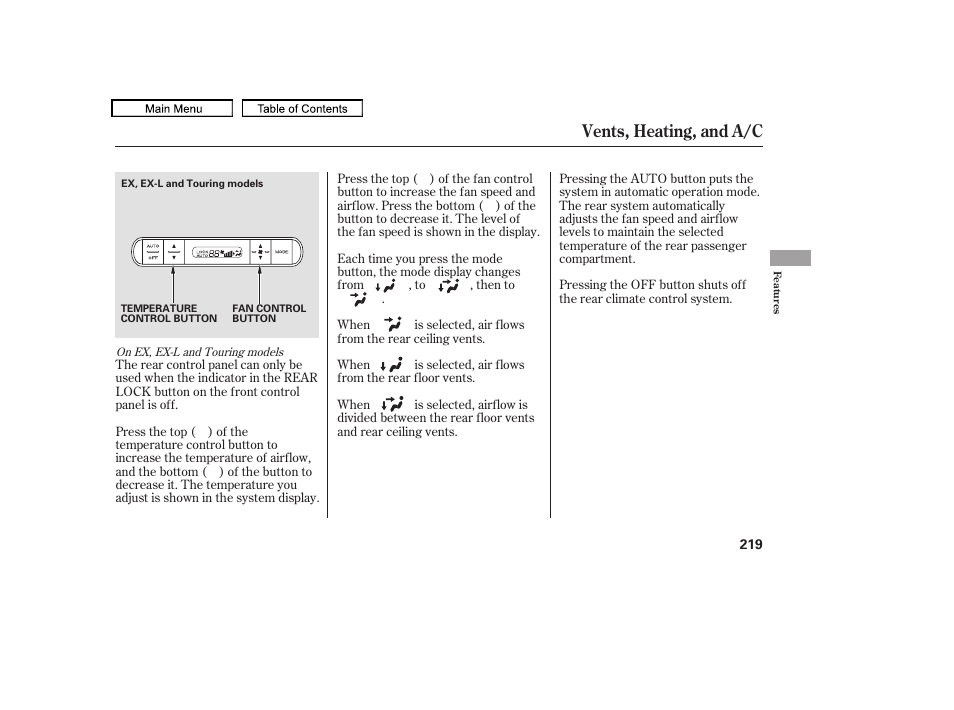 Vents, heating, and a/c | HONDA 2010 Odyssey User Manual | Page 222 / 526