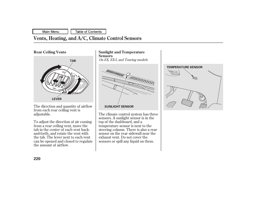 Vents, heating, and a/c, climate control sensors | HONDA 2010 Odyssey User Manual | Page 223 / 526