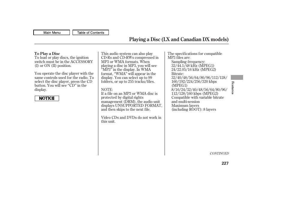 Playing a disc (lx and canadian dx models) | HONDA 2010 Odyssey User Manual | Page 230 / 526