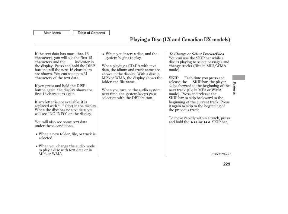 Playing a disc (lx and canadian dx models) | HONDA 2010 Odyssey User Manual | Page 232 / 526