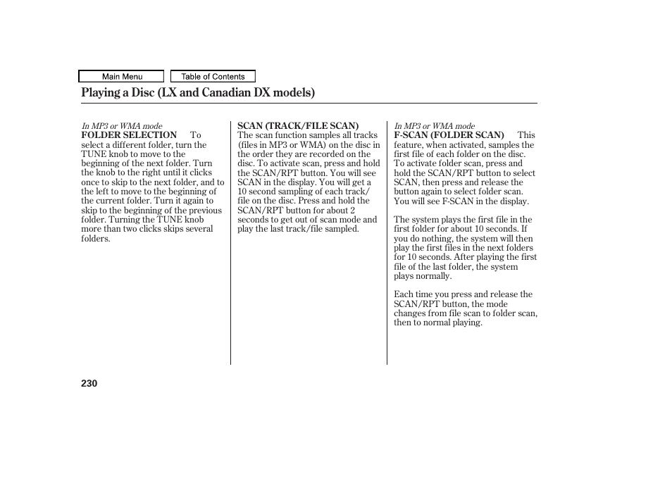 Playing a disc (lx and canadian dx models) | HONDA 2010 Odyssey User Manual | Page 233 / 526