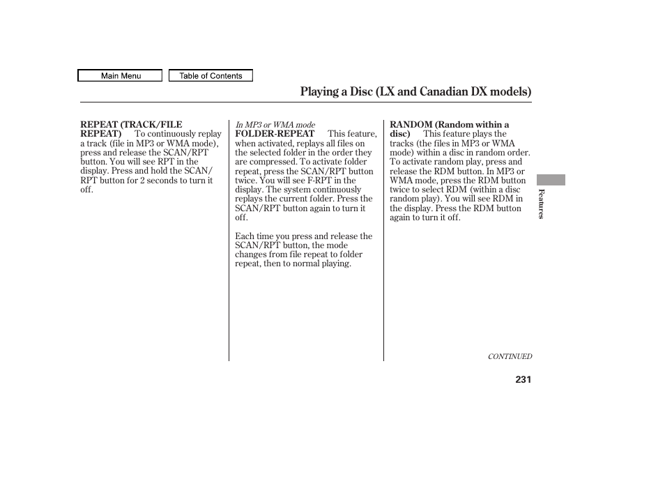 Playing a disc (lx and canadian dx models) | HONDA 2010 Odyssey User Manual | Page 234 / 526