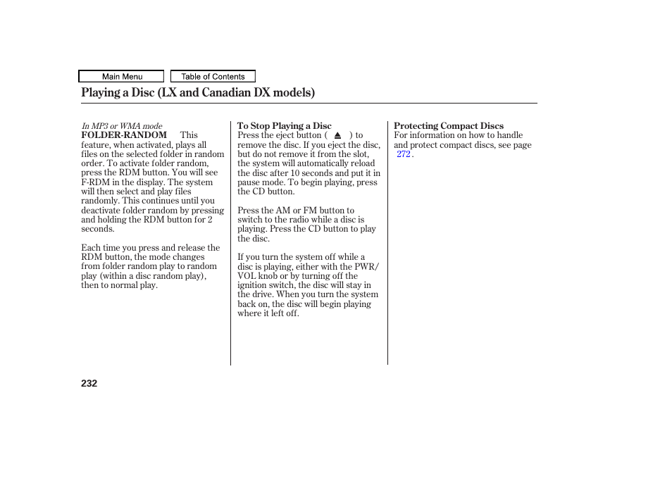 Playing a disc (lx and canadian dx models) | HONDA 2010 Odyssey User Manual | Page 235 / 526