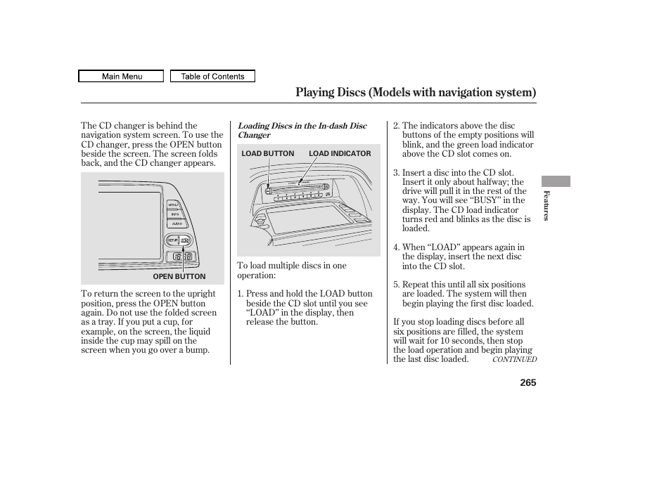 Playing discs (models with navigation system) | HONDA 2010 Odyssey User Manual | Page 268 / 526