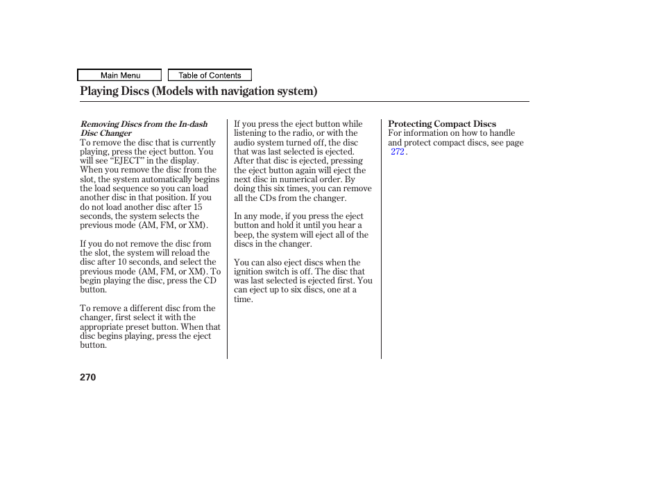 Playing discs (models with navigation system) | HONDA 2010 Odyssey User Manual | Page 273 / 526
