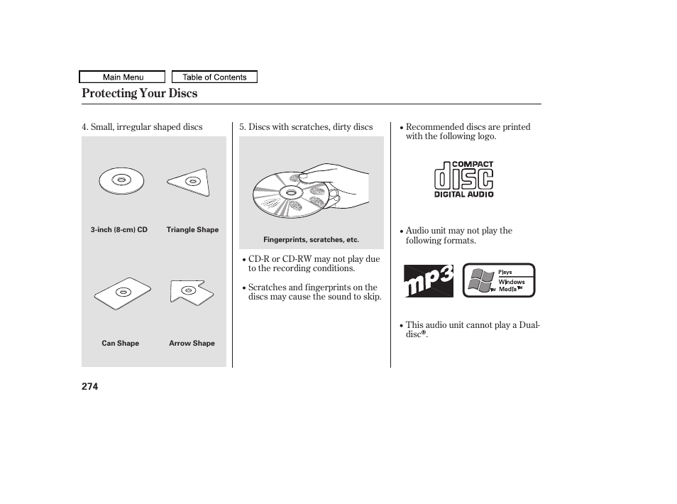 Protecting your discs | HONDA 2010 Odyssey User Manual | Page 277 / 526