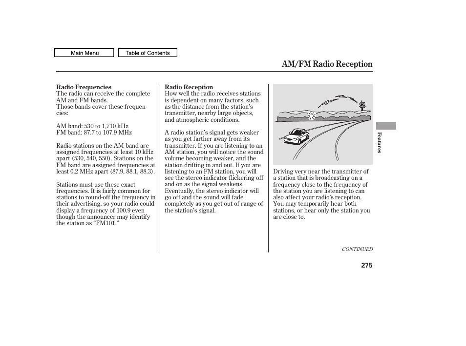 Am/fm radio reception | HONDA 2010 Odyssey User Manual | Page 278 / 526