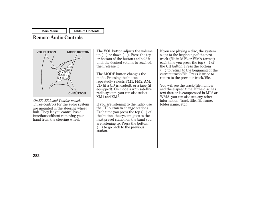 Remote audio controls | HONDA 2010 Odyssey User Manual | Page 285 / 526